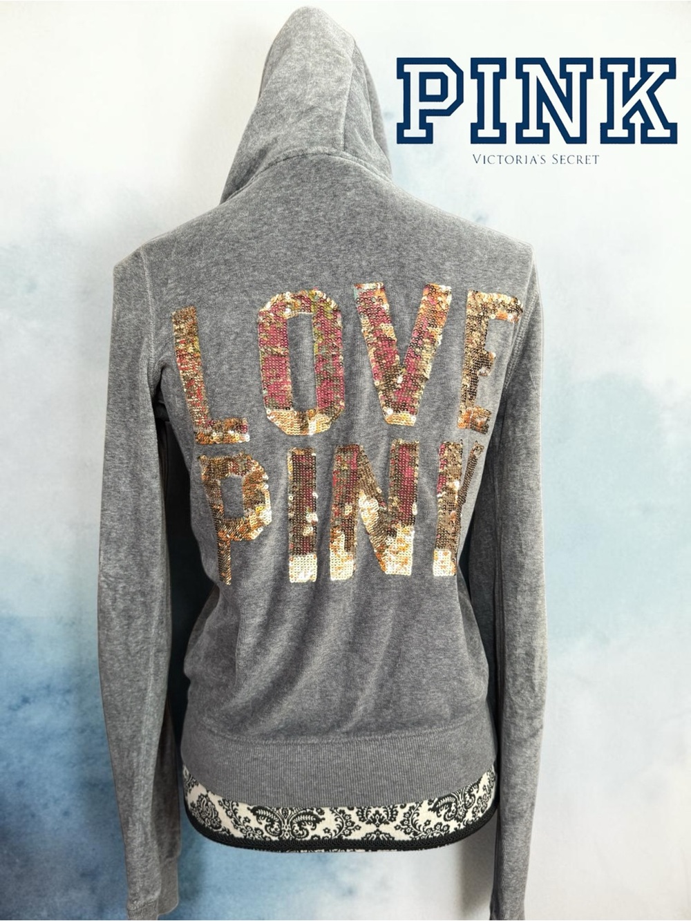 Victoria's Secret PINK Velour "Bling" Zip-Up Hoodie. “LOVE PINK” Sequins. VGT.